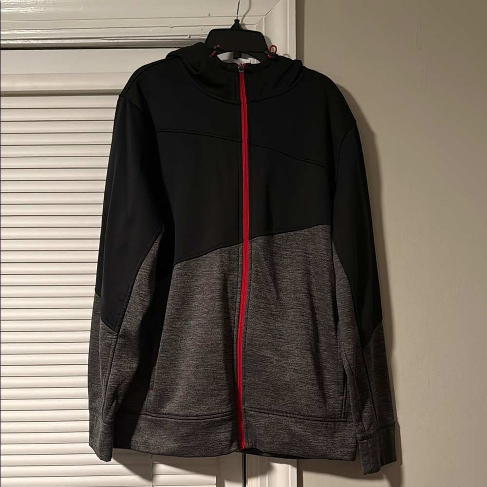 Black and Gray Hoodie with Red Zipper